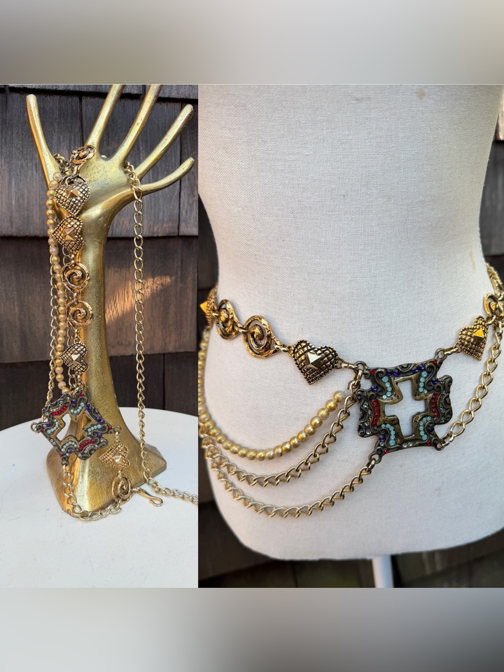 Vintage glam chain belt cross & hearts theme gold tone faux pearls fits 24-36”